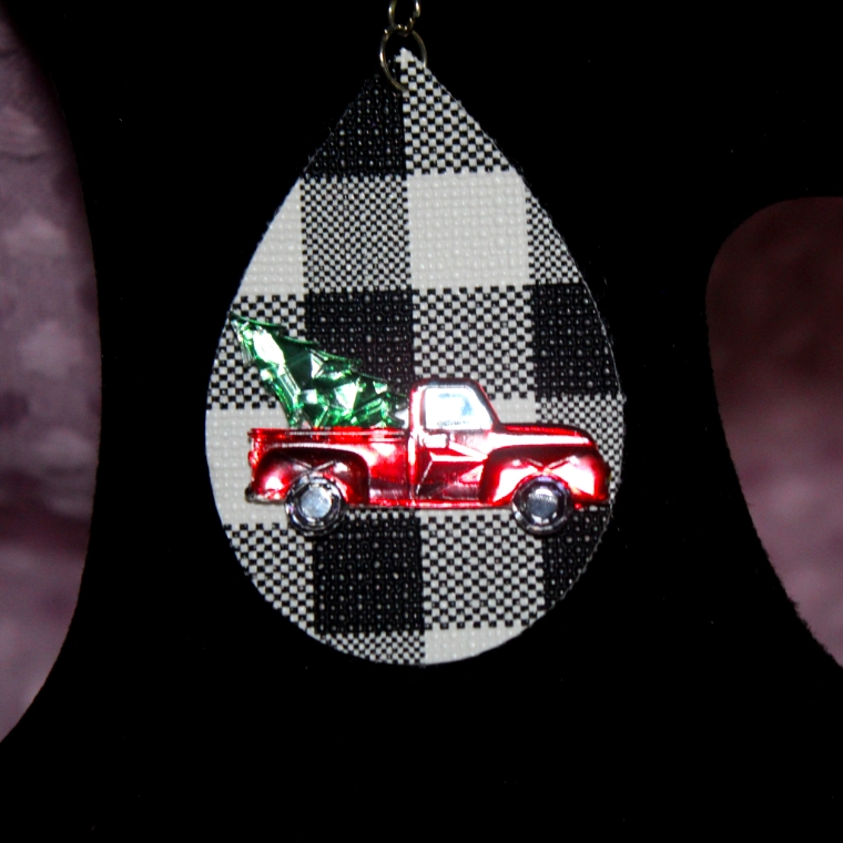 Teardrop Shaped Christmas Earrings With A Old Vintage Truck